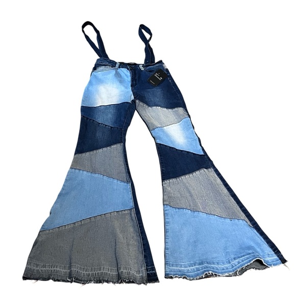 American Bazi Denim - AMERICAN BAZI Patchwork Denim Overalls HighRise Flare Bell Bottoms M